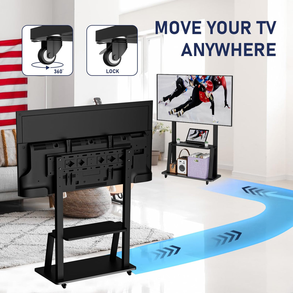 Duiliuu Rolling TV Stand, TV Stand with Wheels for 32-75 inch TV, Portable TV Stand with Shelf,Hight Adjustable,15° Adjustable Viewing Angle,Max 130LBS, Vesa max 600×400 Duiliuu