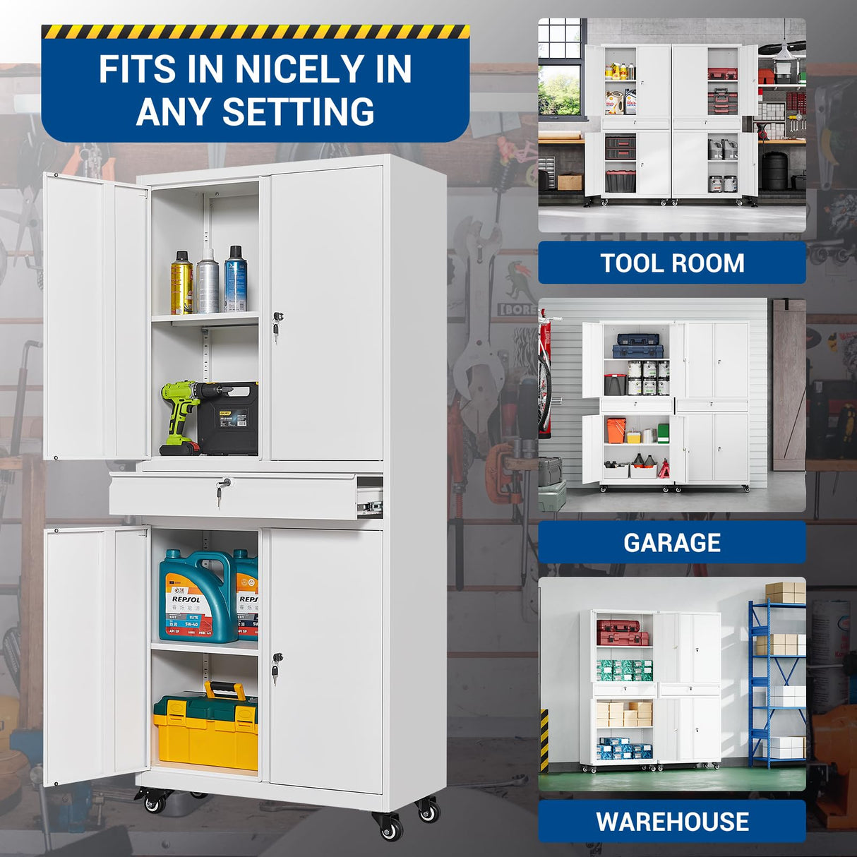 Fesbos 73" Metal Cabinet-White Heavy Duty Rolling Storage Cabinet Steel Tool Cabinets with Wheels, Shelves, Lockable Doors and Drawers- for Garage, Pantry, Warehouse Home Office- Assembly Required Fesbos