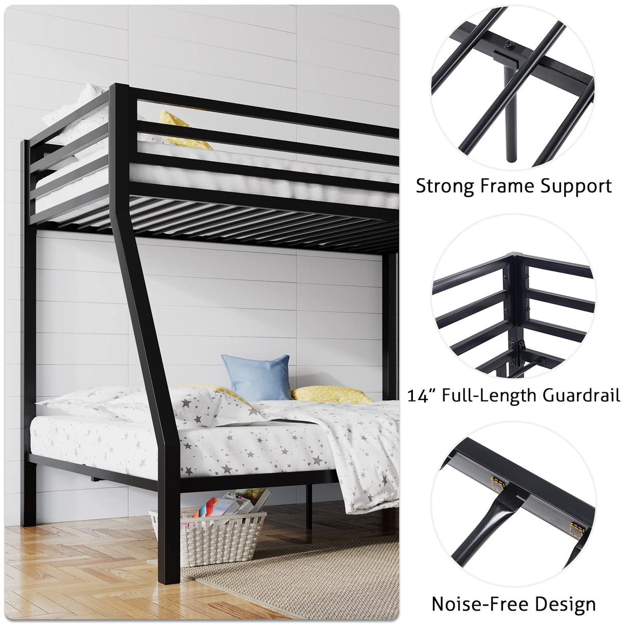 SHA CERLIN Loft Bunk Bed Twin Over Full Size with Ladder and Guardrail,Heavy Duty Metal Slats Support No Box Spring Needed Small Space Saving Furniture for Bedroom Dorm,Black SHA CERLIN
