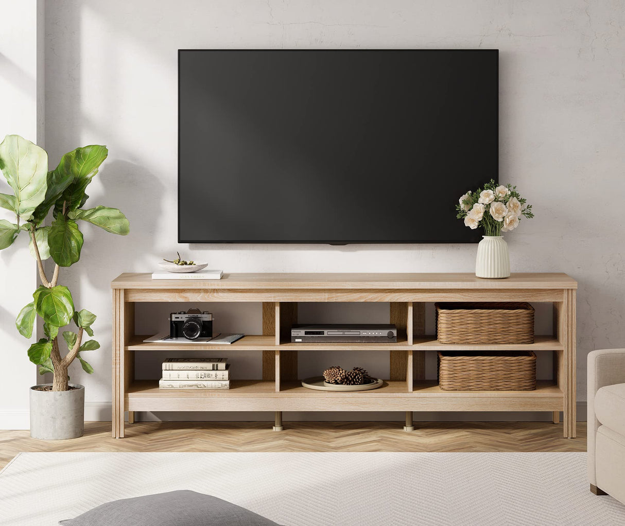WAMPAT Farmhouse TV Stand for TVs up to 80 Inches, White Oak Entertainment Center for 75 inch TV Console Table with 6 Cubby Storage for Living Room Bedroom, 70'' WAMPAT