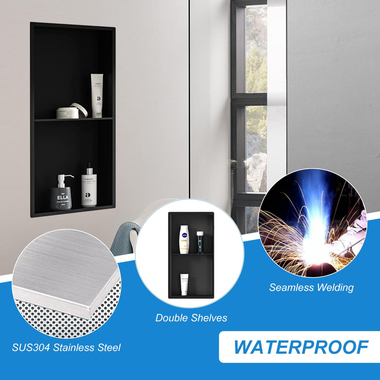 BWE Bathroom Wall Niche,12" X 24" X 4" Stainless Steel Shower Niche,Rimless Recessed Shower Shelf for Bathroom,Double Shelves Niche,No Tile Needed Matte Black BWE