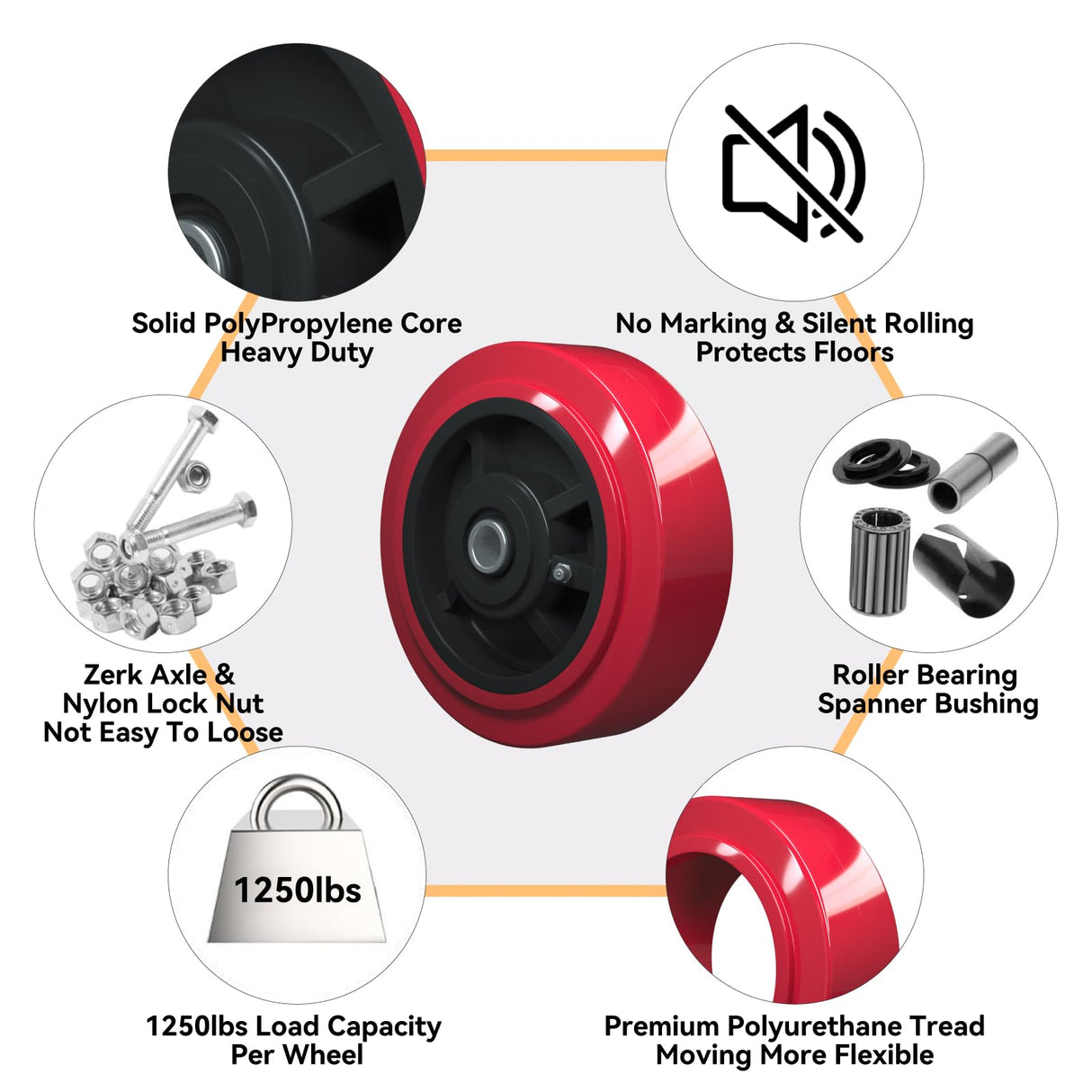 LONGRUNFORU 6" x 2" Caster Wheels, Polyurethane on Polyolefin core Wheel with Roller Bearing- 1/2" Bore - Set of 4 Heavy Duty Caster Wheel with 4000 lbs Capacity (4 Pack) LONGRUNFORU
