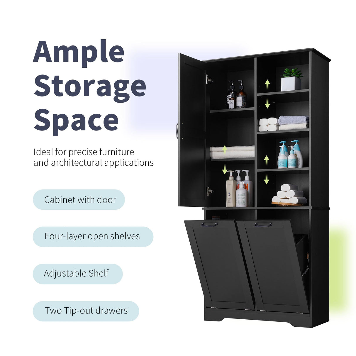 Merax Cabinet with Tilt-Out Laundry Hamper Basket, Tall Bathroom Storage Organizer Linen with Open Shelf for Home, Freestanding, Black Merax