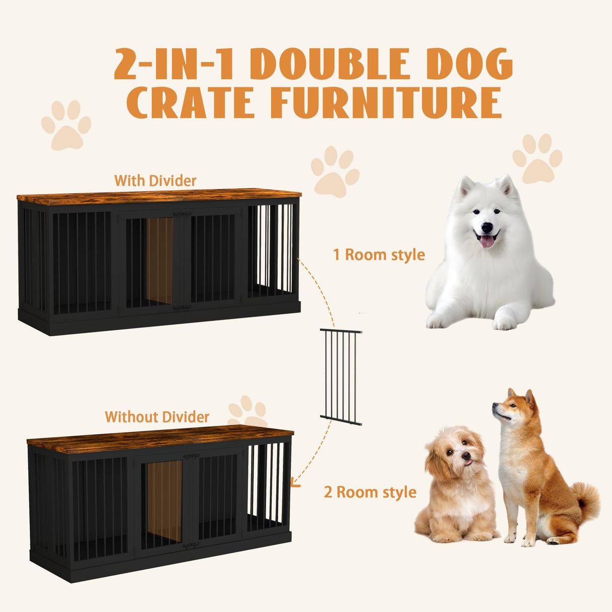71 inches Extra Large Dog Crate Furniture Indoor Wooden Dog Kennel Furniture Heavy Duty Dog Crates TV Stand with Removable Divider for 2 Large Medium Small Dogs Black NEBZHASK