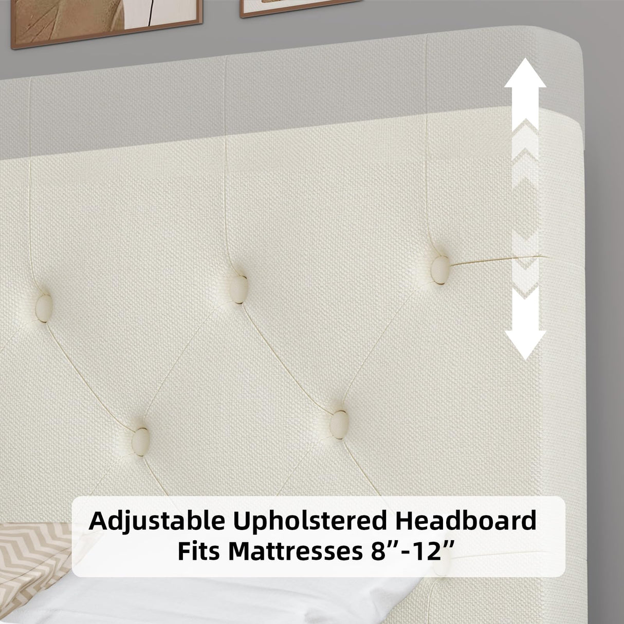 HOMBCK King Size Bed Frame with Headboard, Linen Fabric Upholstered Platform Bed Frame, Button Tufted Bed Frame King, Wooden Slat Support, No Box Spring Needed, Easy Assembly, Cream HOMBCK