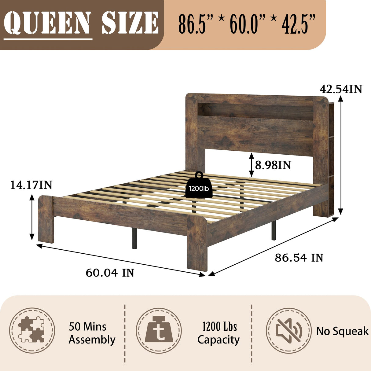 SAMTRA Wooden Bed Frame Queen Size with Storage Headboard, Farmhouse Platform Bedframe with Bookcase Shelf & Led Lights, Sturdy Wood Slat Framework Bed Frame (Rustic Brown) SAMTRA