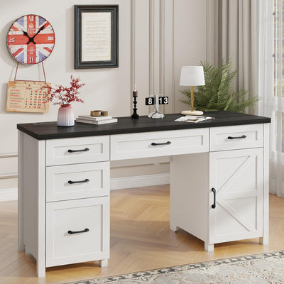Farmhouse 61'' Executive Desk with 5 Drawers, Rustic Office Desk Computer Desk with Charging Station, File Drawers and Storage Cabinet, Wood Workstation for Home Office and Study.(Black Top)