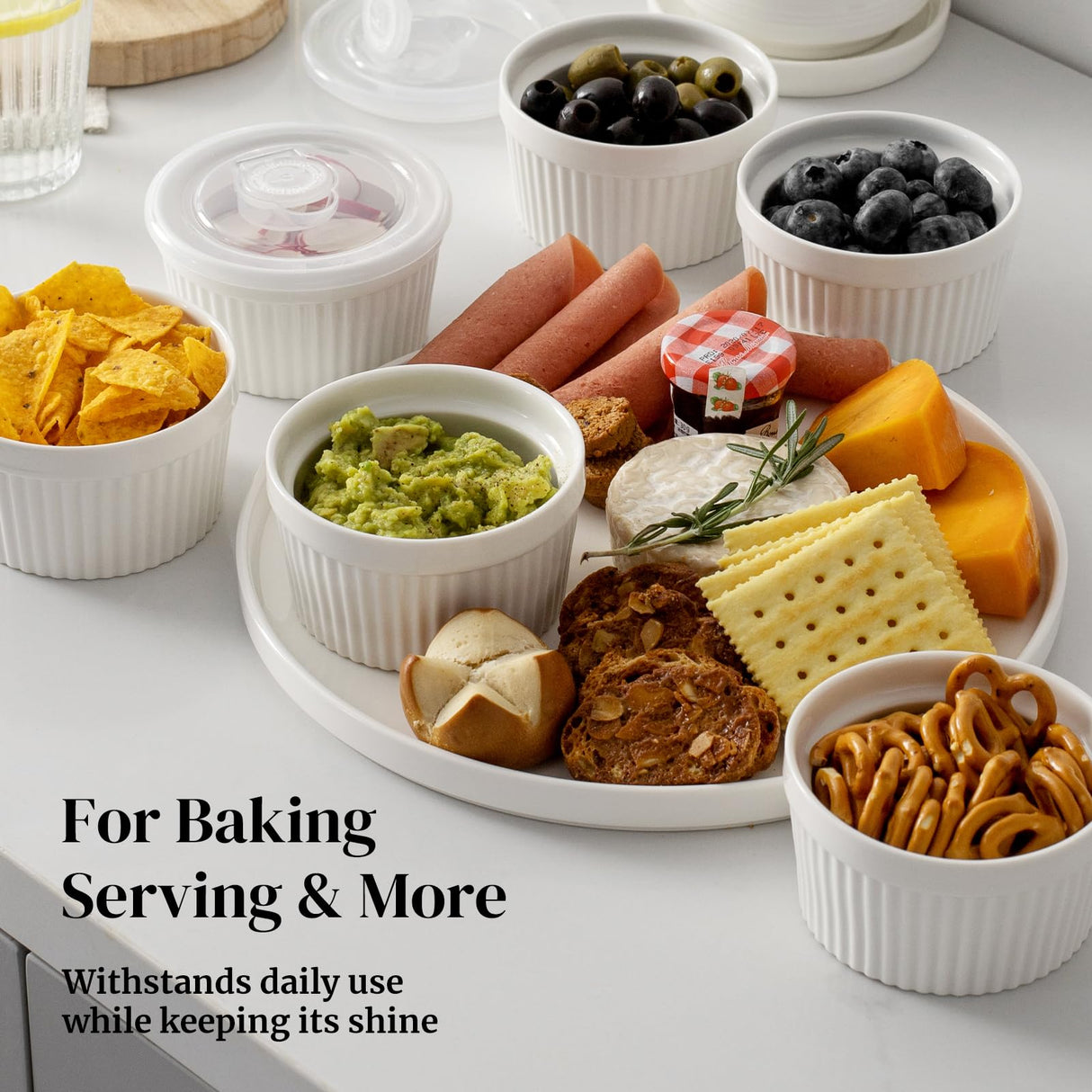 DOWAN Ramekins 8 oz Oven Safe with Lids, Creme Brulee Ramekins Bowls, Porcelain Ramiken Souffle Dishes, Custard Cups for Baking, Small Bowls for Pudding Dip Sauces Charcuterie Dessert, White, Set of 6 DOWAN