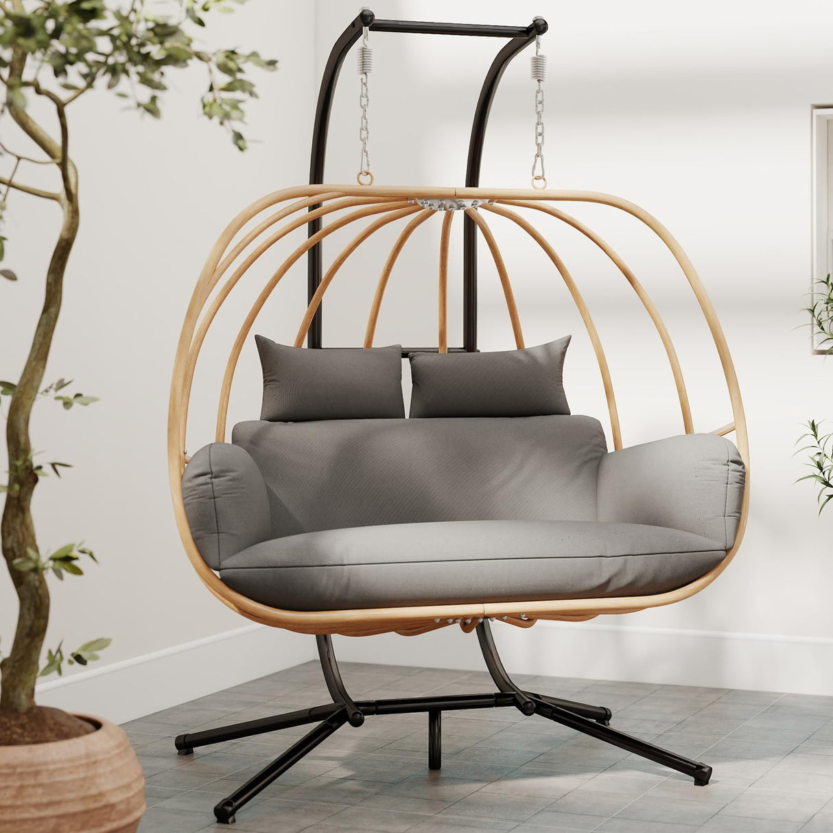 DAYAOUTDOOR Double Egg Chair with Stand, Oversized Egg Chair Outdoor, 2-Person Hanging Eggs Chairs, 600Lbs Sturdy Loveseat Swinging Chair for Balcony, Patio, Deck, Grey DAYAOUTDOOR
