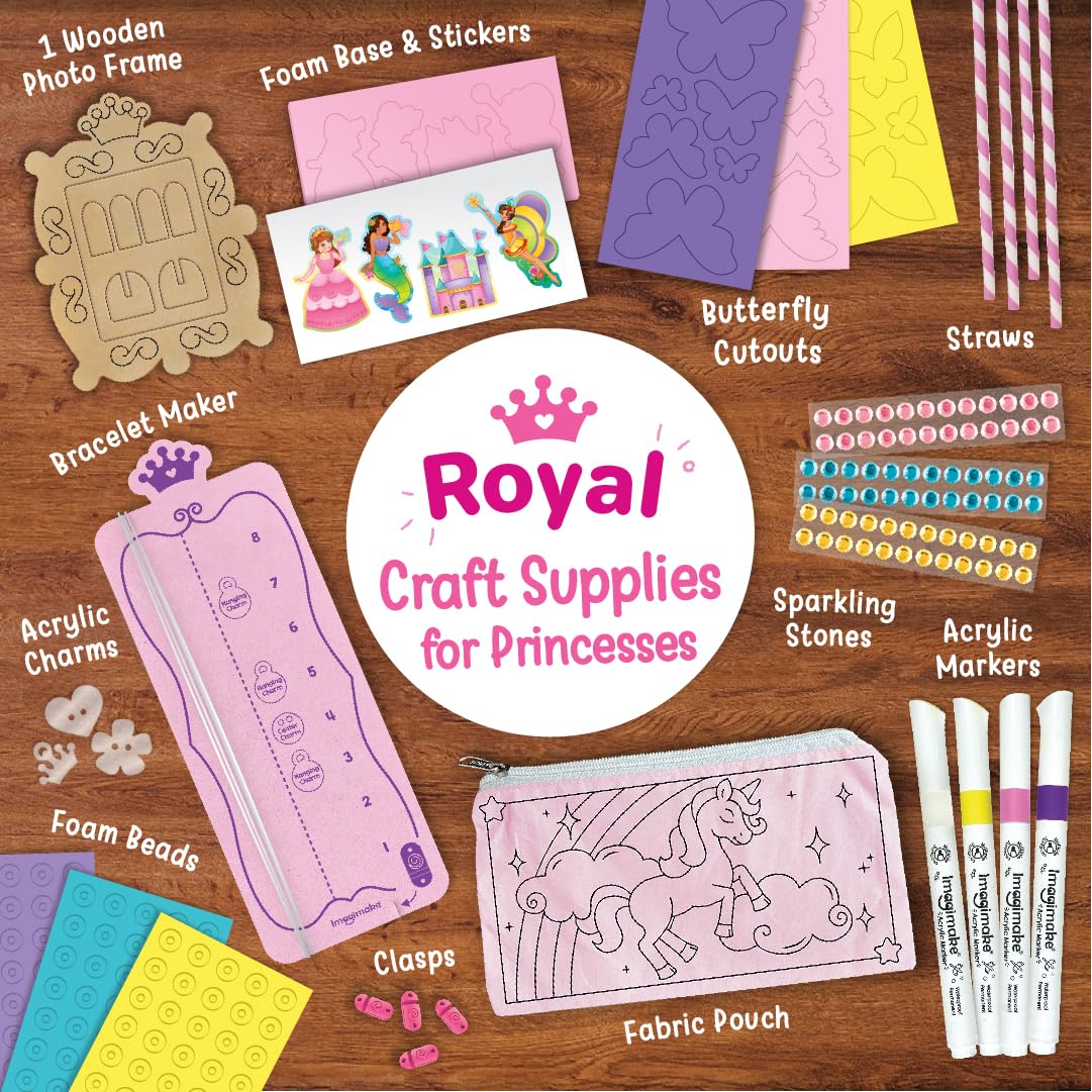 Imagimake Princess Craft Kit | 10 Mess-Free DIY Activities | Bracelet Making Kit, Unicorn Pouch, Butterfly Wands & Photo Frame | Girls Toys Age 6-8 | 5,6,7,8,9,10,11,12 Year Old Girl Birthday Gifts Imagimake