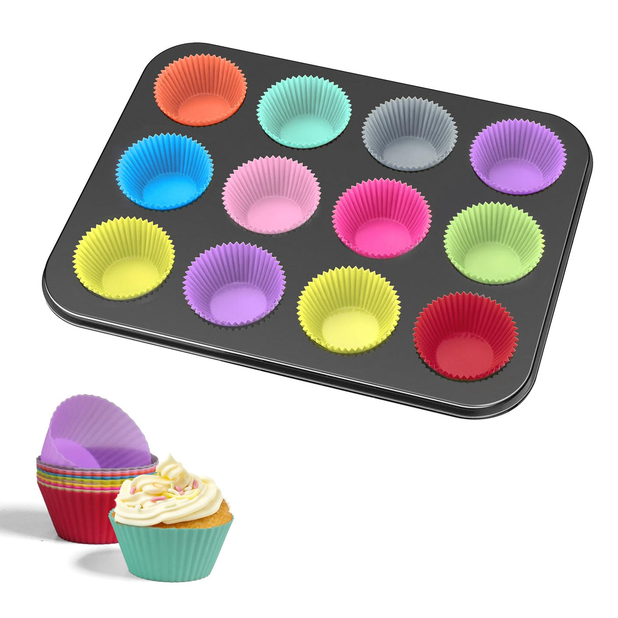 WIBIMEN Muffin Pan with 12 Silicone Cupcake Baking Cups - Non-stick Regular Size Cupcake Pan - Reusable Muffin Tin Baking Pans Set for Making Muffin Cakes, Tart, Bread(1PCS: 12-Cup Regular) WIBIMEN