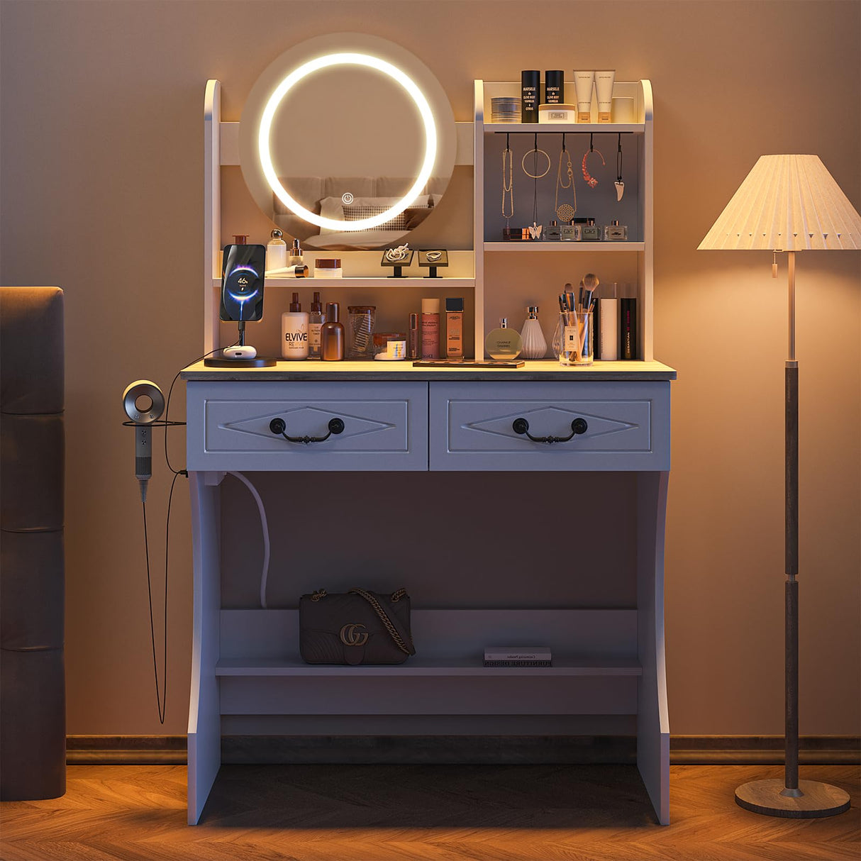 Vabches Vanity Desk with Mirror and Lights, Makeup Vanity Desk with Charging Station, 3 Lighting Modes & Adjustable Brightness Dressing Table with 2 Drawers for Bedroom Dressing Room Vabches