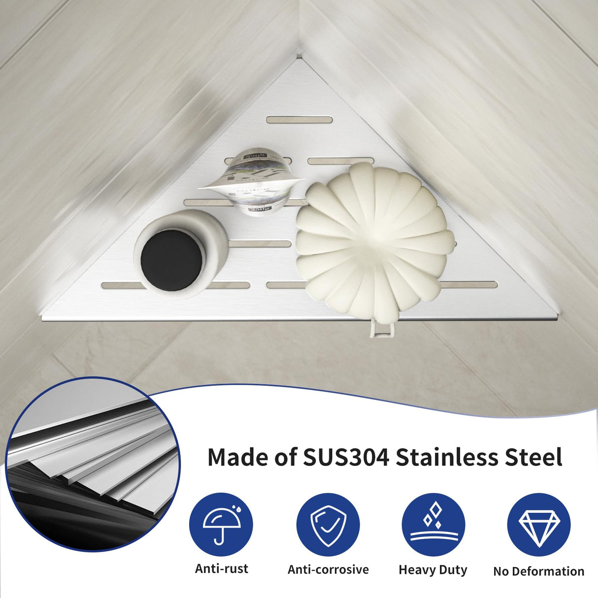 Bernkot Corner Shower Shelf 10", Brushed 304 Stainless Steel Slot Design Recessed Corner Shelves Bathroom Grout in Shelf for Tiled Wall, 2 Pack Bernkot