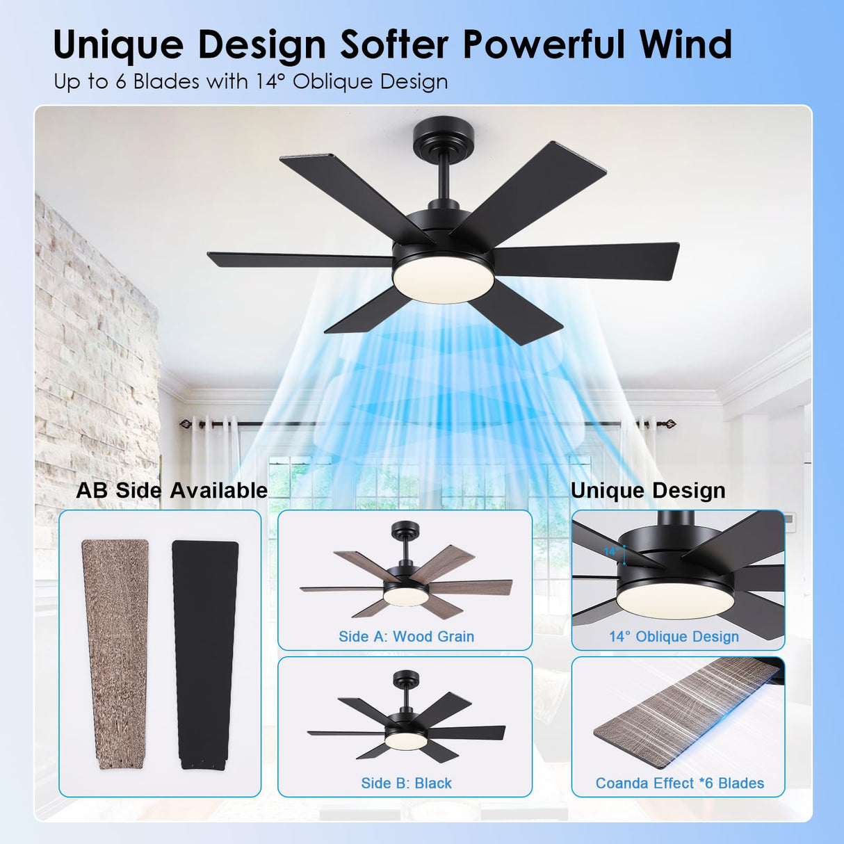 42 inch Ceiling Fans with Lights, Black Ceiling Fan with Remote APP, Dual-Sided Modern/Rustic 6 Blades, Reversible, 3CCT, Sloped Flush Mount Low Profile Ceiling Fan with Lights Bedroom Kitchen Indoor BayDay