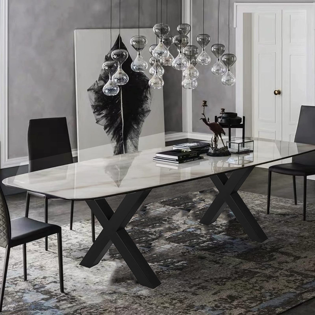 VEVOR Set of 2 Steel Table Legs, 28''Height 30''Wide Dining Table Legs, Heavy Duty 3.1" Square Box Section X Frame Table Legs, 28x30x3.1 Inch Black Color Industrial Country Style Metal Dining Legs VEVOR