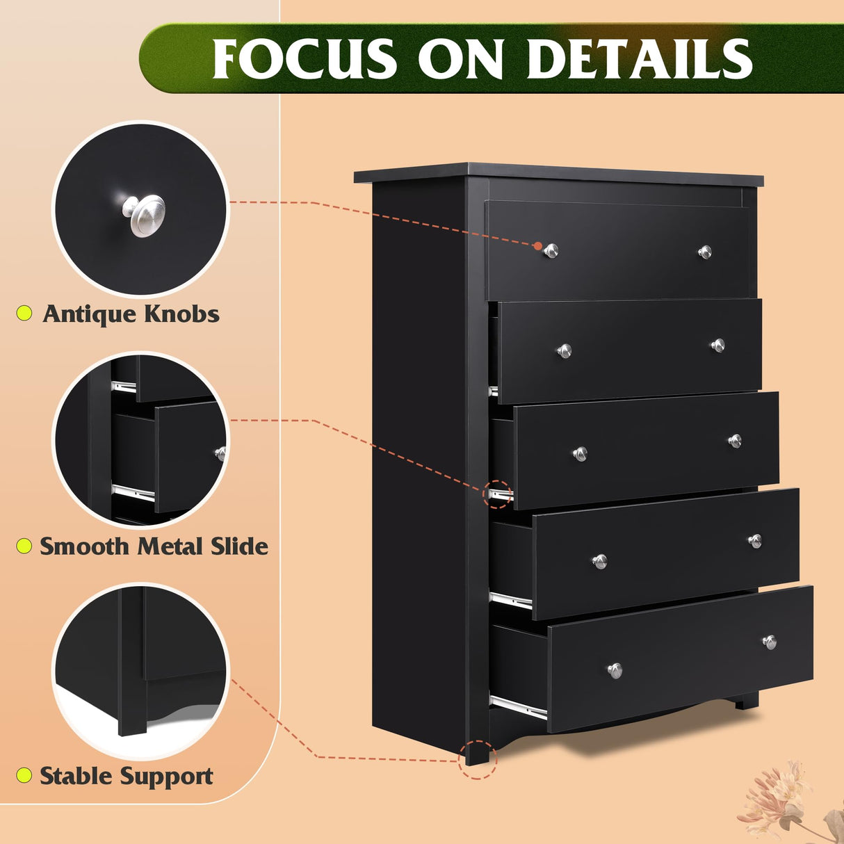 WLIVE Wood Dresser with 5 Drawer, Cabinets Dressers Wood Dresser Cabinet, Organizer Drawers for Bedroom, Living, Hallway, Measuring 15.7" W*31.4" D*45.3" H, Black WLIVE