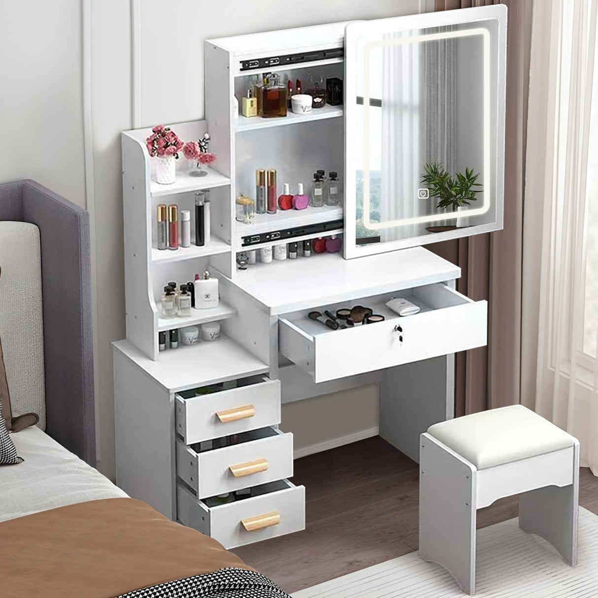 WIIS' IDEA Vanity Desk with Lights,Makeup Vanity with Mirror,Small Vanity with 4 Drawers&Storage Shelves,Vanity Desk with LED Lights,Extra Large Sliding Mirror,3 Lighting Modes,Brightness Adjustable WIIS' IDEA