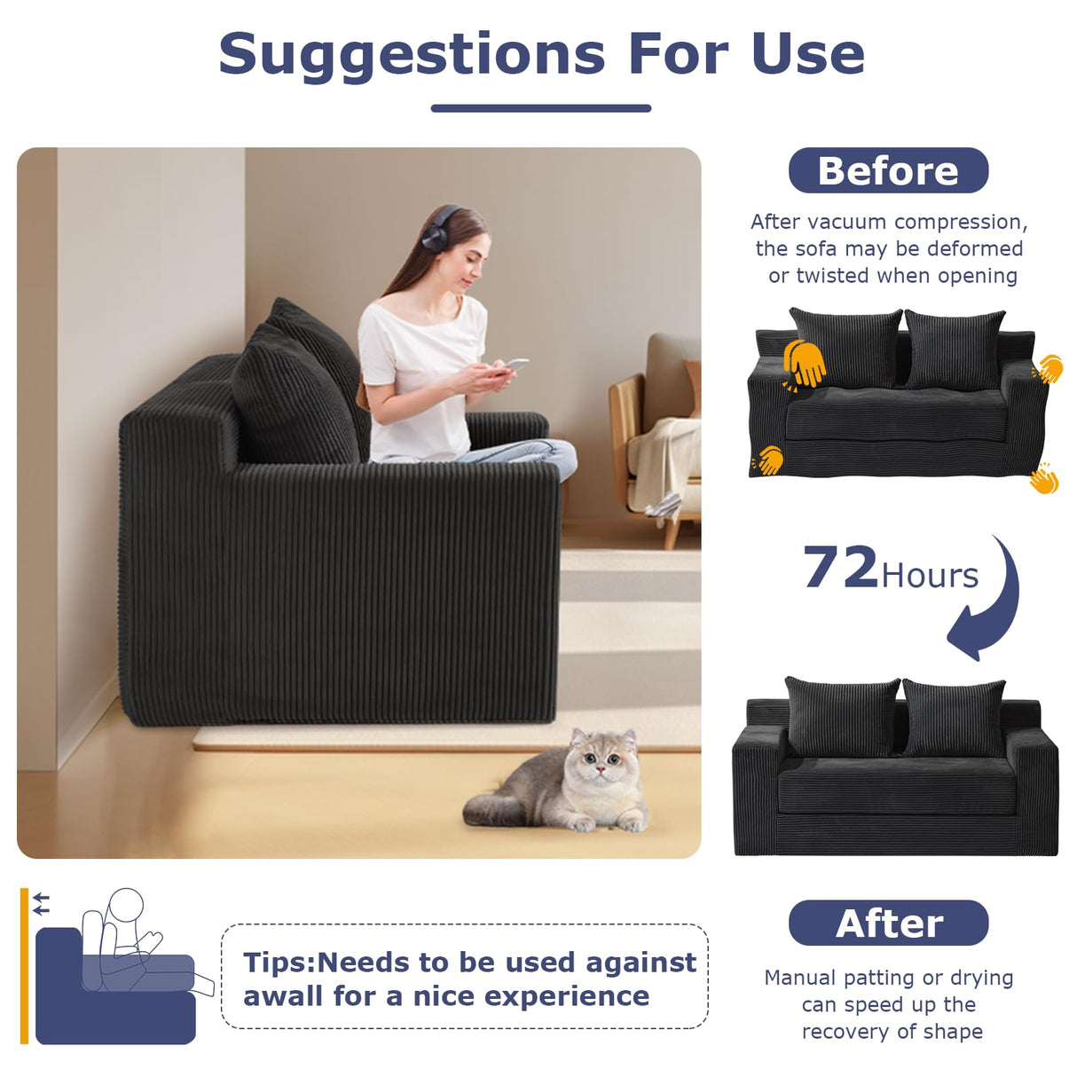 Convertible Sofa Bed, Boneless Couch Loveseat Sleeper, 2 in 1 Folding Couch Bed, Fold Out Comfy Floor Futon Sofa with Pillows for Living Room Bedroom, Black feliz home