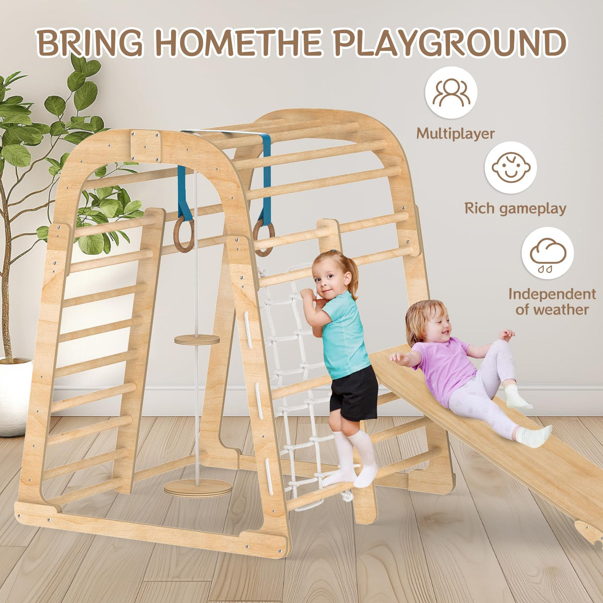 Indoor Jungle Gym for Toddlers, Montessori Indoor Playground for Kids, Indoor Playground Jungle Climbing Gym Playset with Slide Swing Climbing Net, Indoor Playground Climbing Toys for Toddlers Zupemo