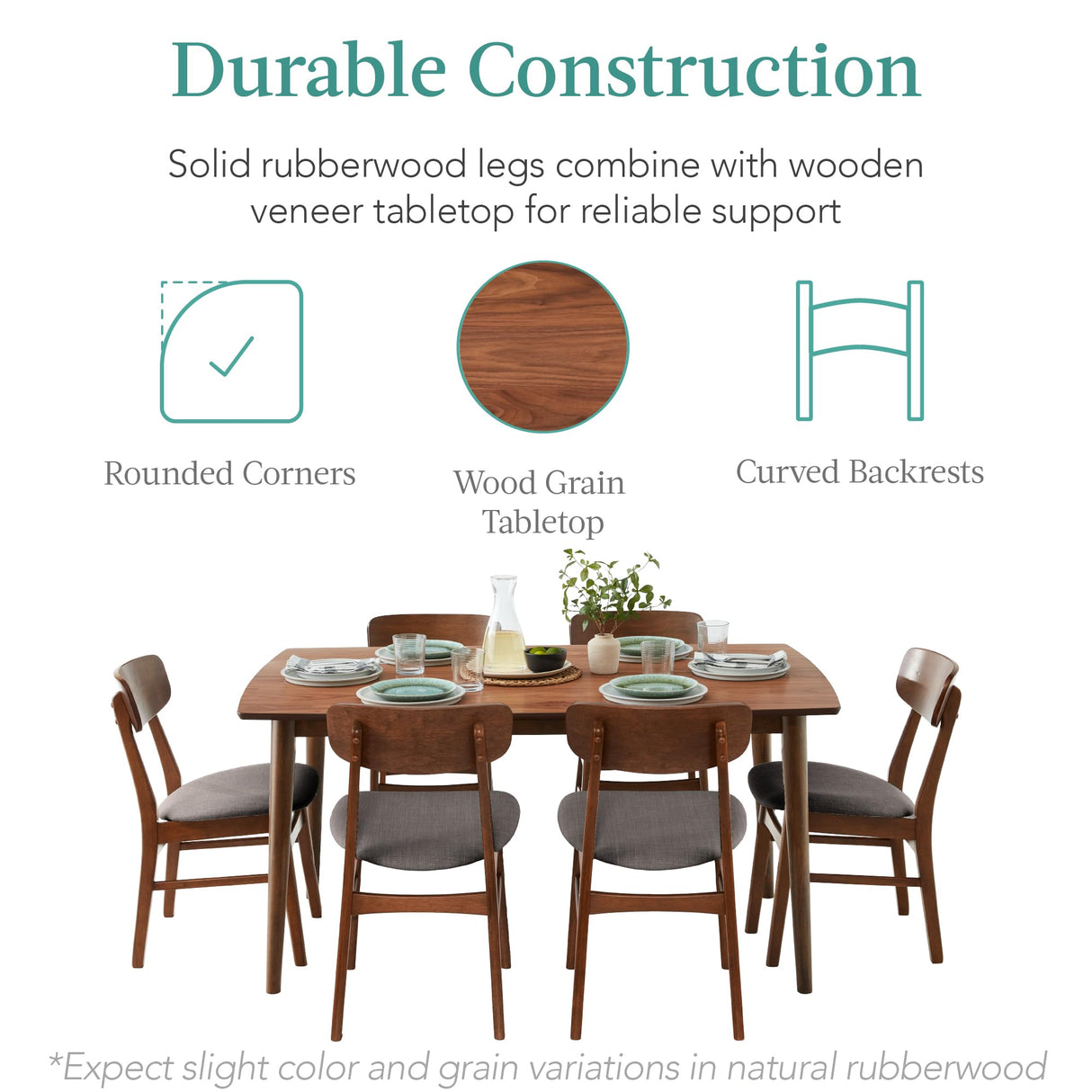 Best Choice Products 7-Piece Wooden Dining Room Table Set, Mid-Century Modern, Kitchen Table w/ 6 Chairs, Upholstered Cushions, Curved Backrests, Rounded Table Corners - Walnut/Gray Best Choice Products