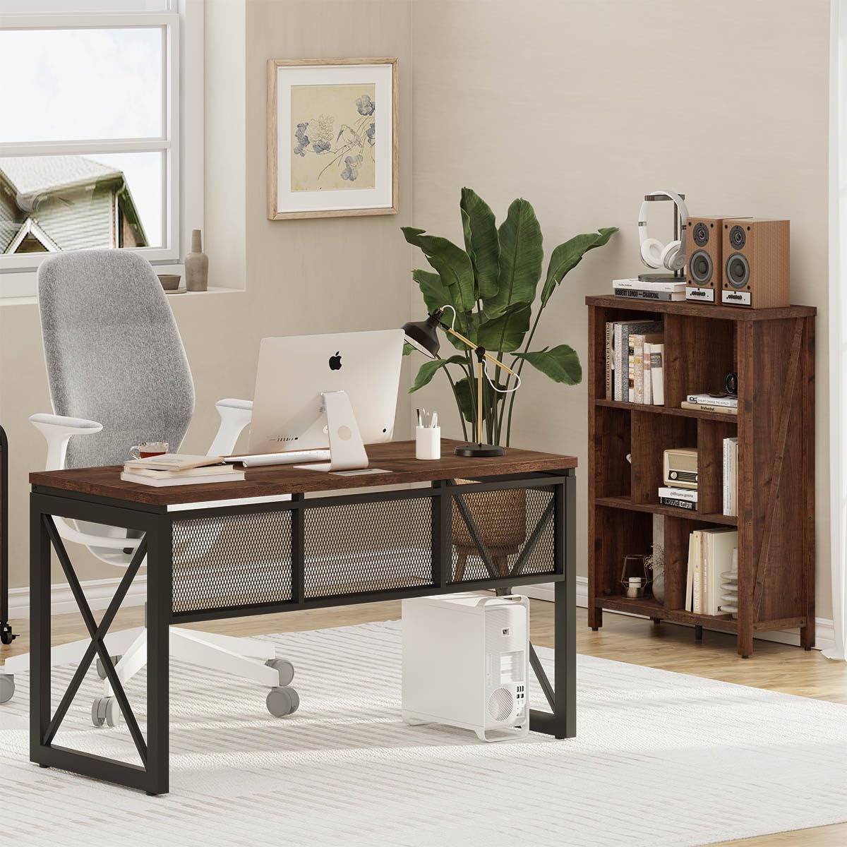 BON AUGURE Farmhouse Computer Desk, Modern Industrial Home Office Desks, Wood Metal Study Writing Table, Sturdy Gaming Desk (Rustic Oak, 54 Inch) BON AUGURE