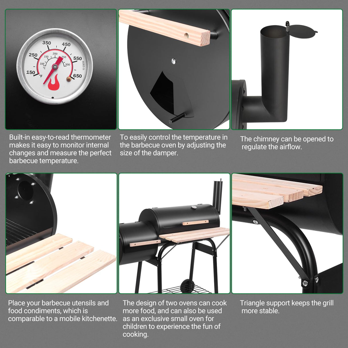 Outvita Charcoal Grill and Offset Smoker, Outdoor Patio Barbecue Cooker with Wheels, Portable Backyard BBQ Oven with Side Fire Box for Camping, Picnic, Party Outvita