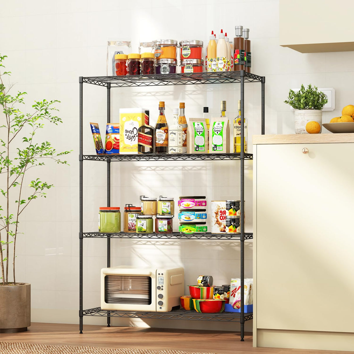 4-Tier Storage Shelves 35.4" L x 13.3" W x 53.7" H Metal Garage Shelves Standing Storage Shelf Adjustable Layer Racks with Steel Frame Suitable for Kitchen, Garage or Commercial Use (Black) FDW