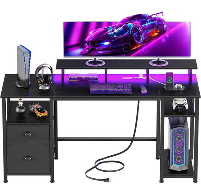 Furologee 51" Gaming Desk with Power Outlets & LED Lights, Reversible Computer Desk with File Cabinet & Monitor Stand for Home Office, Large Work Table with Storage Shelves & Drawer, Black