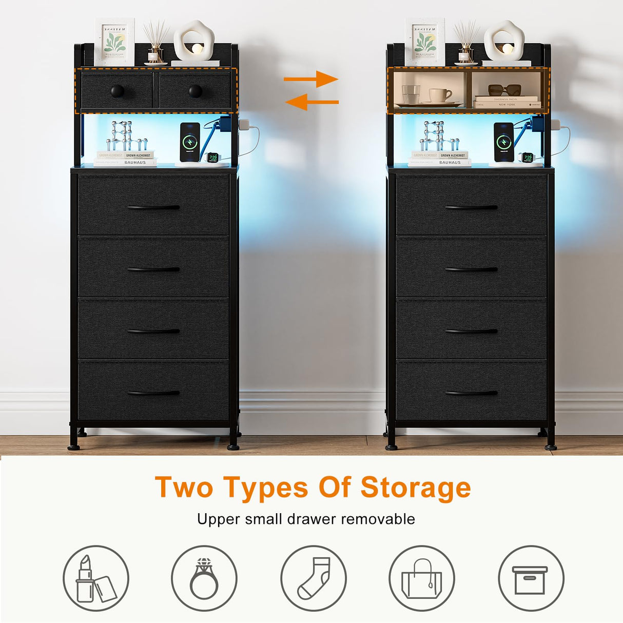 REAHOME 41 Inch Tall Nightstand with Charging Station, LED Night Stand with 6 Fabric Drawers, Bed Side Table with 3-Tier Wood Storage Shelves for Bedroom, Office, Small Spaces, Dark Gray REAHOME