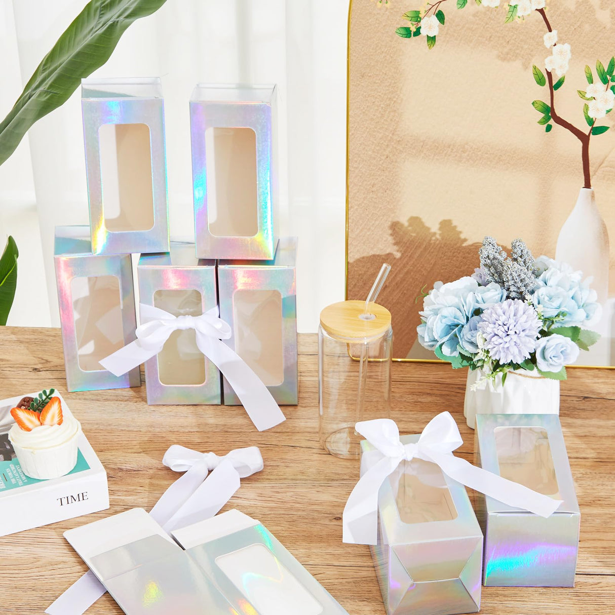 Fulmoon 36 Sublimation Glass Gift Boxes with Ribbon Sets, Christmas Thank You Tumbler Cup Exhibition Boxes, Shipping Blanks Sublimation Gift Wrapping for 12 16 18oz Glass Cup(Holographic) Fulmoon