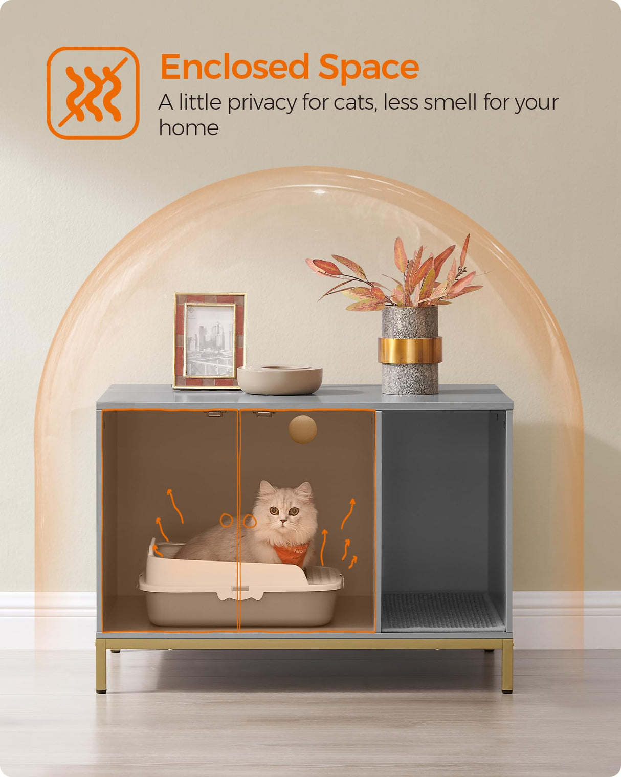 Feandrea Litter Box Enclosure, Modern Cat Litter Box Furniture Hidden, with Scratching Mat, Tall Legs, Cat House, Side End Table, 31.5 x 19.7 x 21.7 Inches, Dove Gray and Gold UPCL007H01 Feandrea