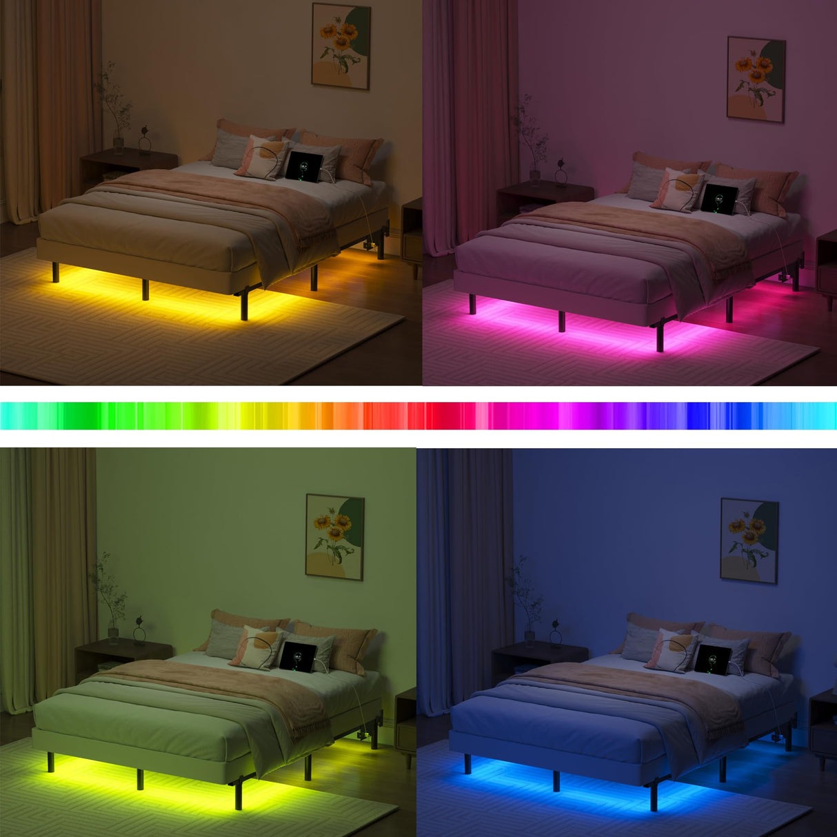 Bed Frame with Charging Station, Queen Bed Frame with LED Lights, 7 Inch High 9-Leg Support Sturdy Bed Base for Box Spring and Mattress, Easy Assembly, Black SHLAND