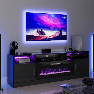 oneinmil 70" Fireplace TV Stand for TVs Up to 80", Electric Fireplace Entertainment Center with LED Lights & Storage Cabinets, Media Console Table for Living Room, Black