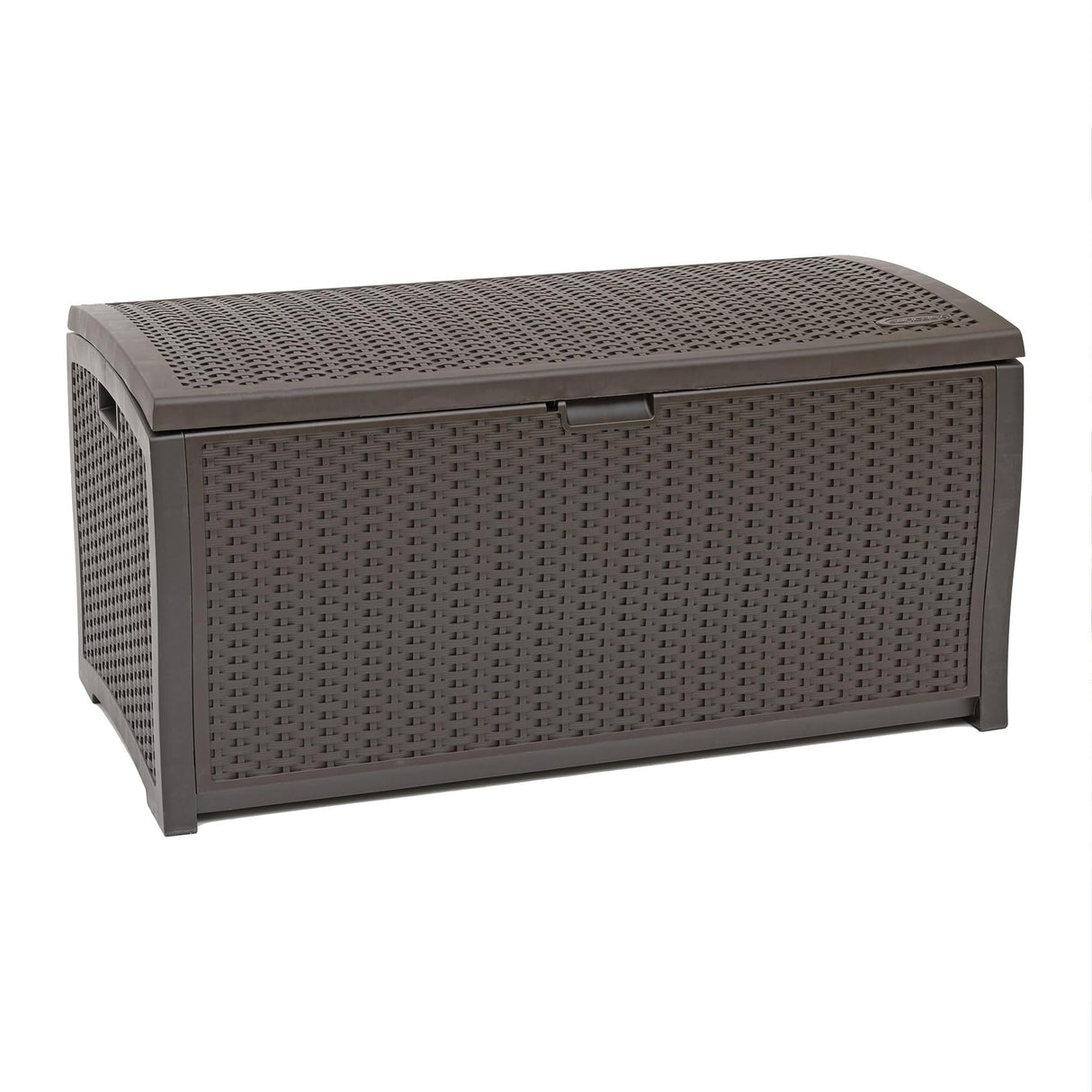 Suncast DBW9200 99 Gallon Outdoor Wicker Plastic Patio Storage Chest Bin with Handles for Patio, Garden, Garage, or Pool for All Weather, Mocha Suncast
