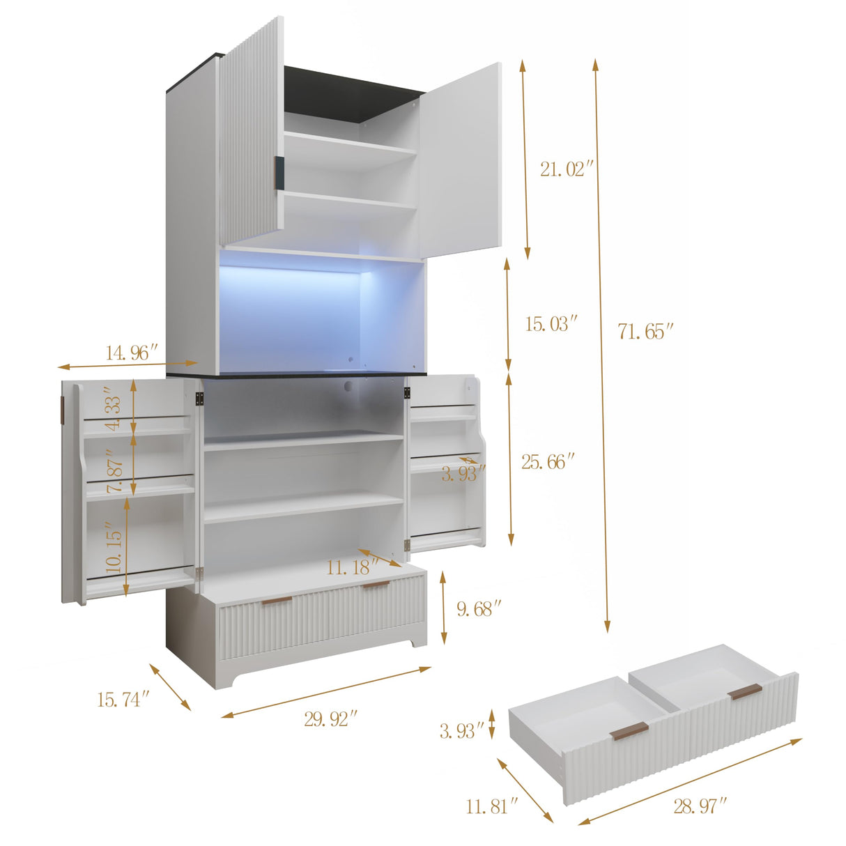 Fluted Pantry Cabinet,71.7'' Tall Kitchen Pantry Cabinet with LED Light & Charging Station, Kitchen Storage cabinets with 2 Drawers, Adjustable Shelves&Open Countertop for Dining Room, White Lezyhaus
