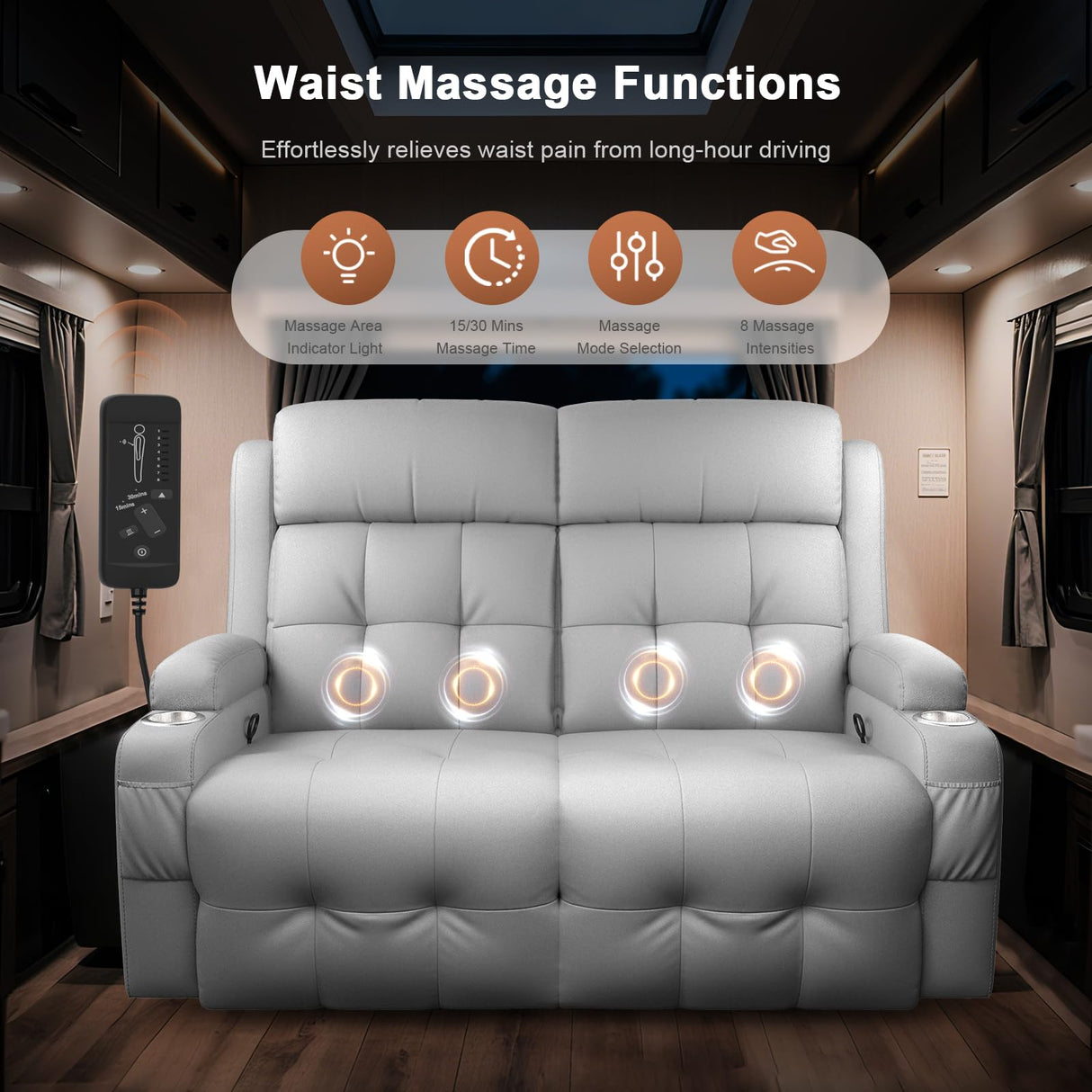 RV Loveseat Recliner Sofa, Oversized Massage Wall Hugger Recliner Couch with Side Pockets, Cup Holders, Reclining Sleeper, 150° Adjustable Recline & Padded Armrests, for RV (Light Gray, Loveseat) Tiooii
