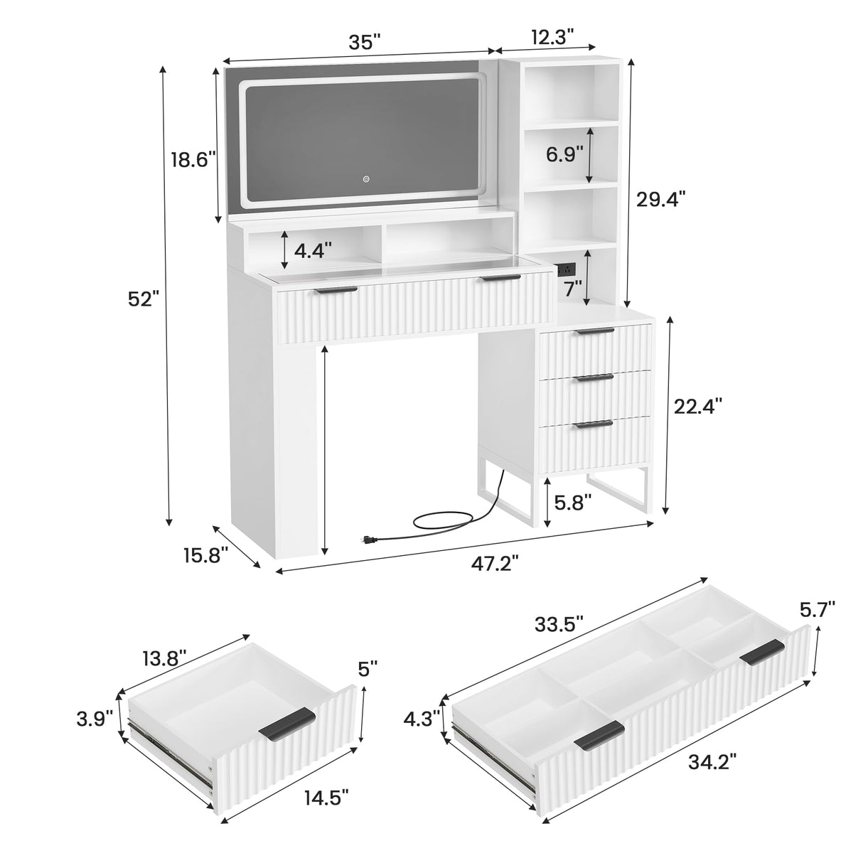 HAIOOU Fluted Vanity Desk with Mirror and Lights,48" Large Makeup Vanity Desk with Charging Station,Dressing Table with 4 Drawers & 3 Open Storage Shelves, Glass Top for Bedroom, White HAIOOU