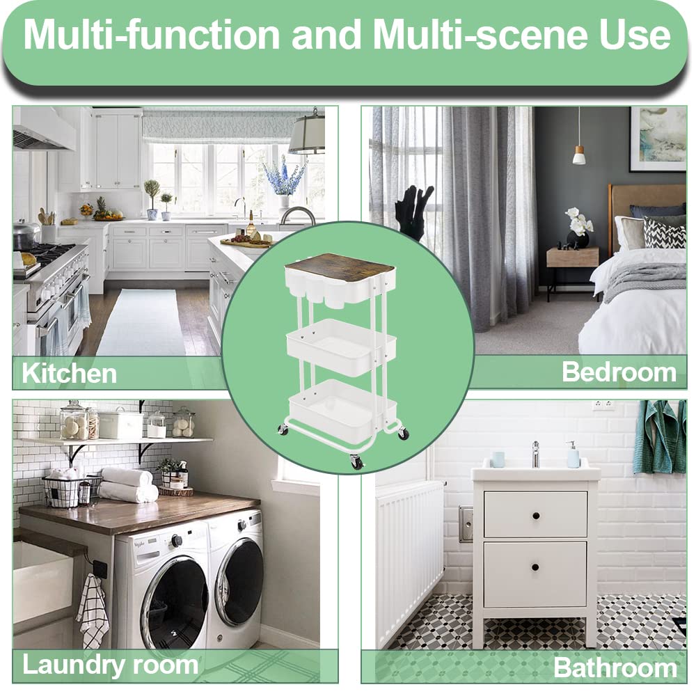 3-Tier Metal Utility Rolling Cart Storage Side End Table with Cover Board for Office Home Kitchen Organization, Cream White Melody House