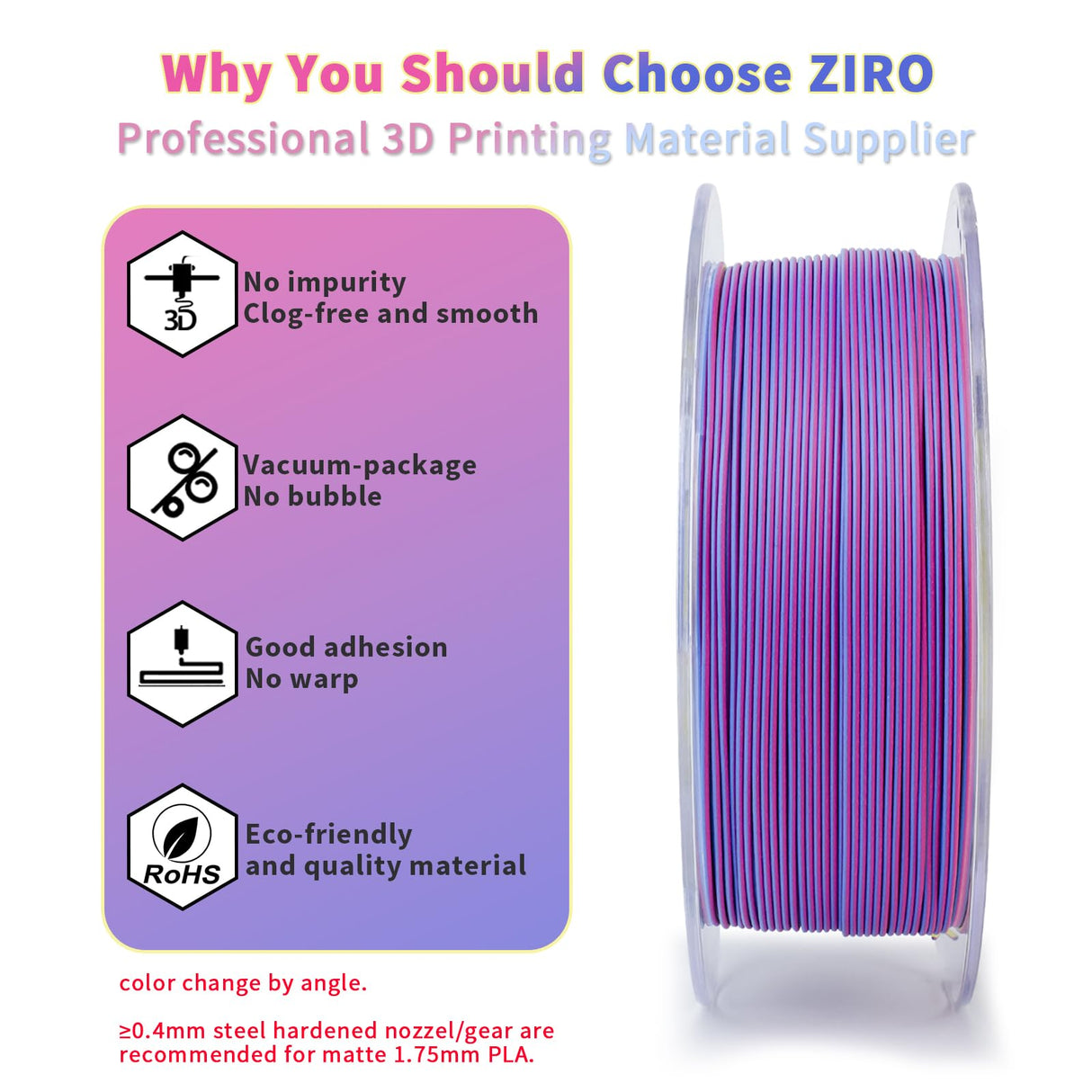 ZIRO PLA Filament Matte, Multicolors 3D Printer Filament, Tri-Colors 3-in-1 Chrome Coextrusion, Magic Visual Effect PLA, Fit Most FDM 3D Printers,1KG/2.2lb Spool, Rosy Cloud (Matte) ZIRO
