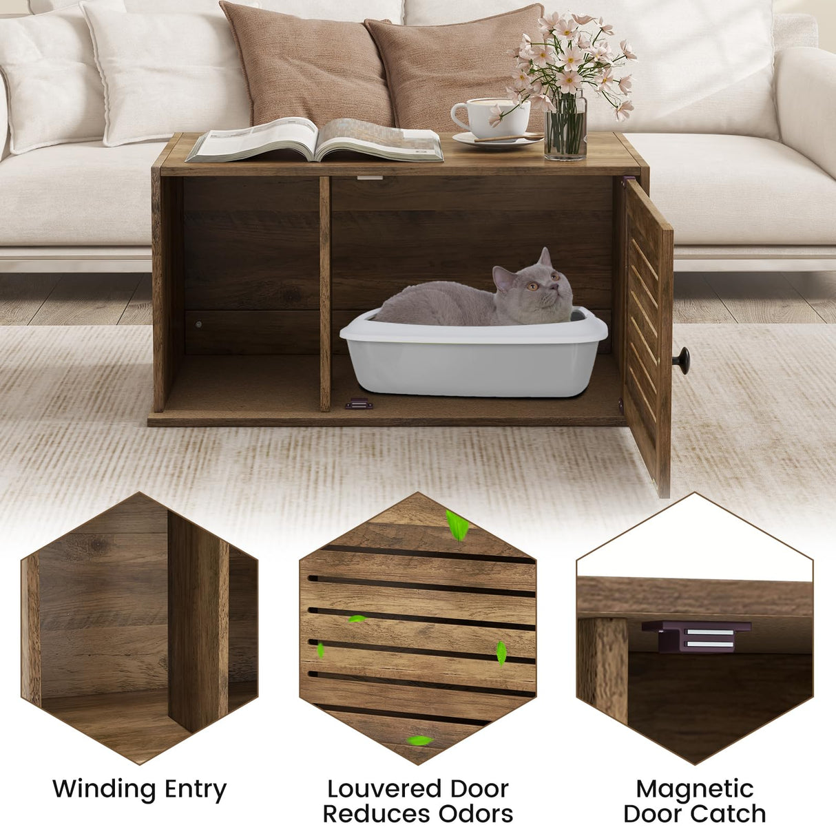 Giantex Cat Litter Box Enclosure - Litter Box Hidden Furniture with Louvered Door, Front Entry, Storage Cabinet, Farmhouse Wooden Cat Washroom Pet House Coffee Table, Fit Most of Litter Box, Brown Giantex