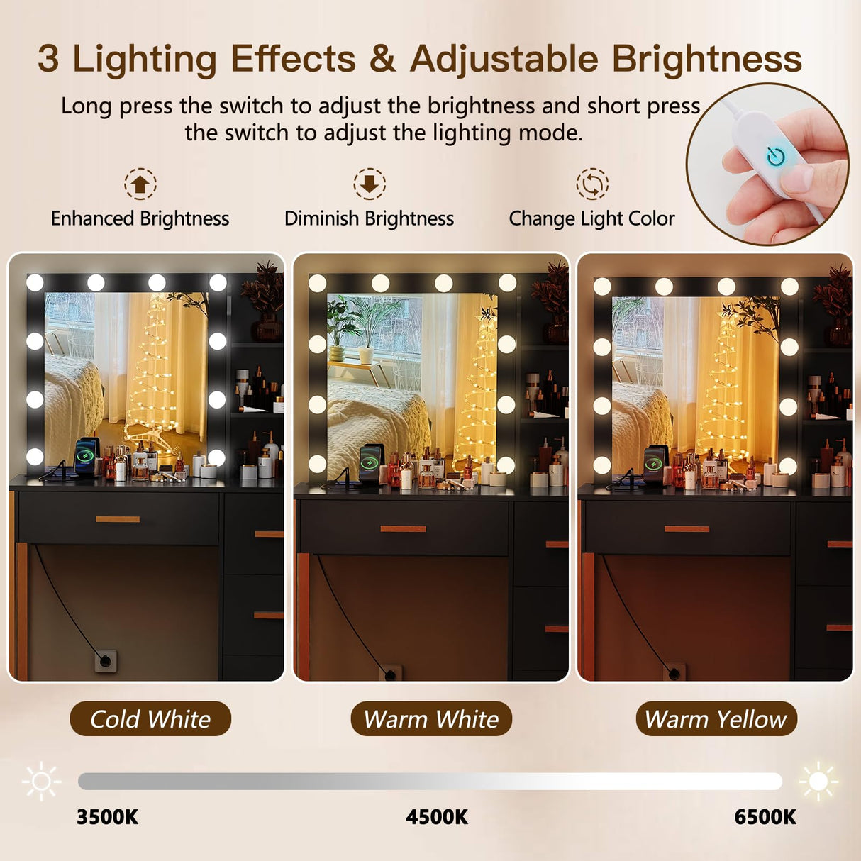 FIONESO Makeup Vanity Desk with Mirror & Lights, Vanity Desk with 4 Drawers & Charging Station, Dressing Vanity Table with Open Storage Shelves, 3 Color Modes, Vanity Table for Bedroom, Black FIONESO