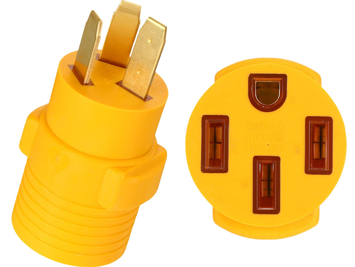 Kanayu 3 Prong Stove Adapter Compatible with NEMA 10-50P to 14-50R Adapter 3 Prong Male Plug to 4 Female Receptacle 50Amp EV Charger Generator Welder Dryer Power Cord Connector(Yellow) Kanayu