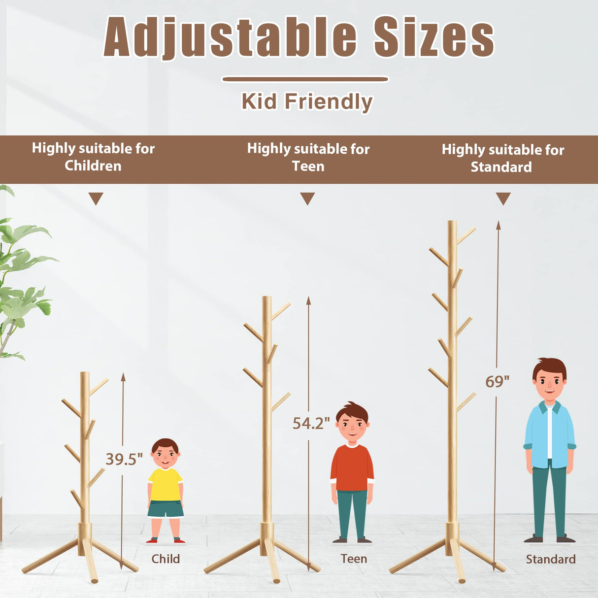 Haddockway Wooden Coat Rack Stand with 8 Hooks New Zealand Pine 3 Adjustable Coat Standing Tree Easy Assembly for Coats, Hats, Scarves and Handbags for Entryway, Hallway, Bedroom, Office Haddockway