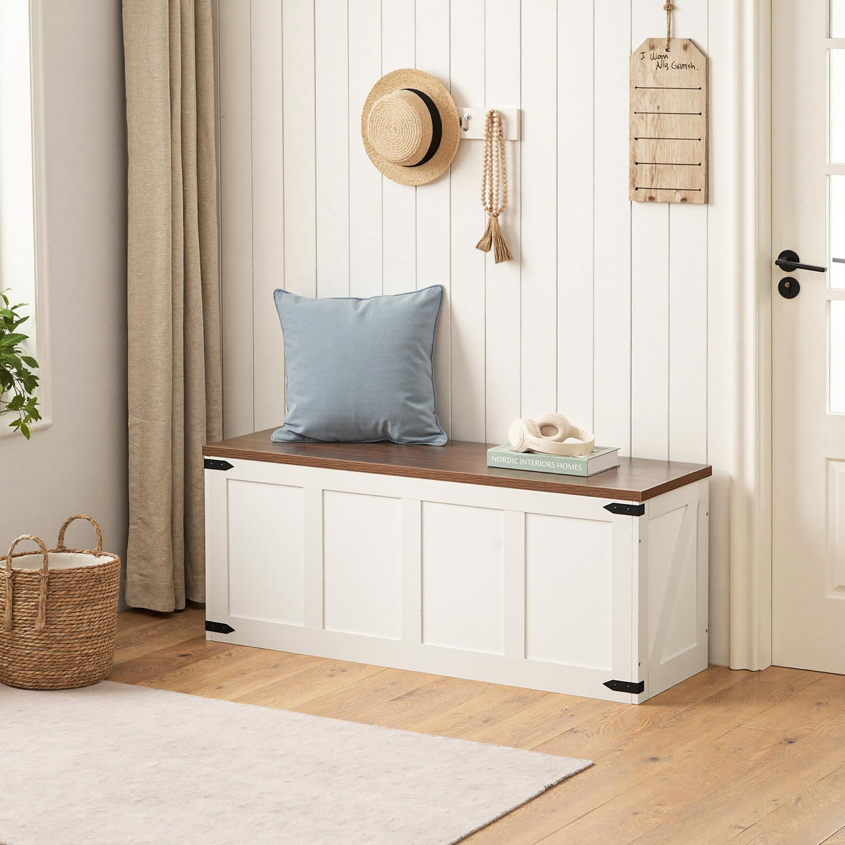 HOOBRO Storage Bench, 47.2”Toy Box Organizer with Safety Hinges, Farmhouse Wooden Storage Chest, for Hallway, Bedroom, Living Room, White and Walnut WH520CW01 HOOBRO