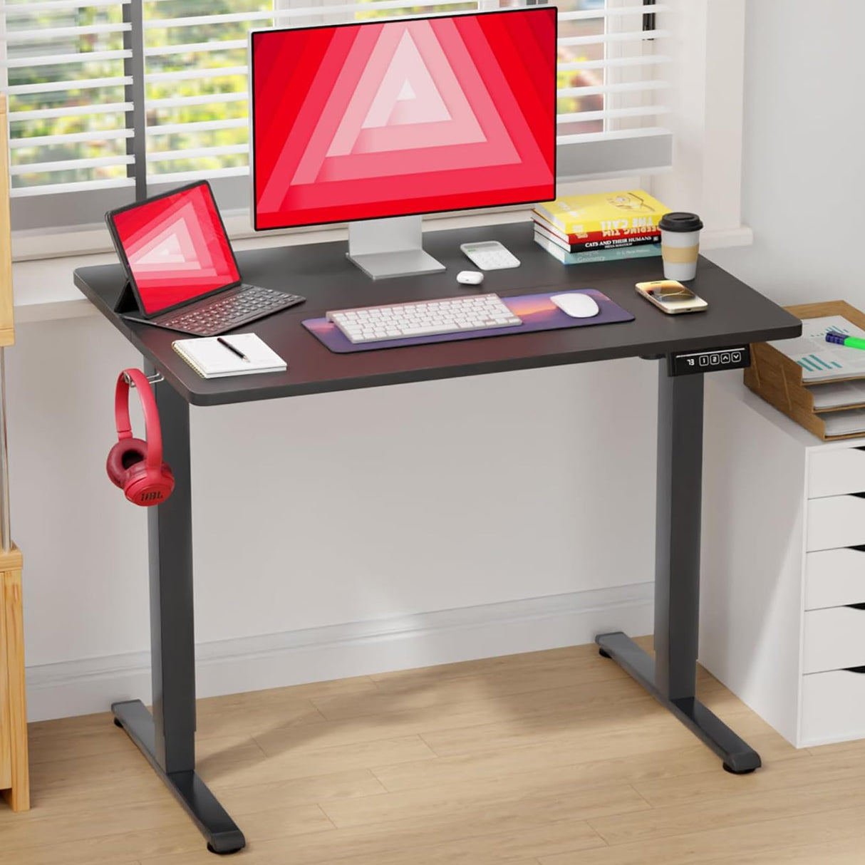 BLKMTY Electric Standing Desk Adjustable Height Computer Desk 24"x40" Home Office Desk Ergonomic Raising Desk Sit Stand Desk with Headphone Hook 20db Noiseless Lifting Desk for Adult, Black BLKMTY