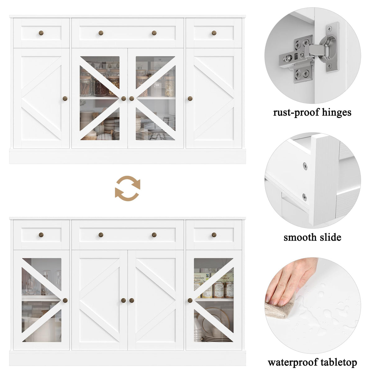 Keyluv Buffet Sideboard 55" Large Storage Cabinet 4 Doors and 3 Drawers, Farmhouse Wooden Coffee Bar Space-Saved Cupboard Furniture for Dining Room, Kitchen, Living Room, White Keyluv