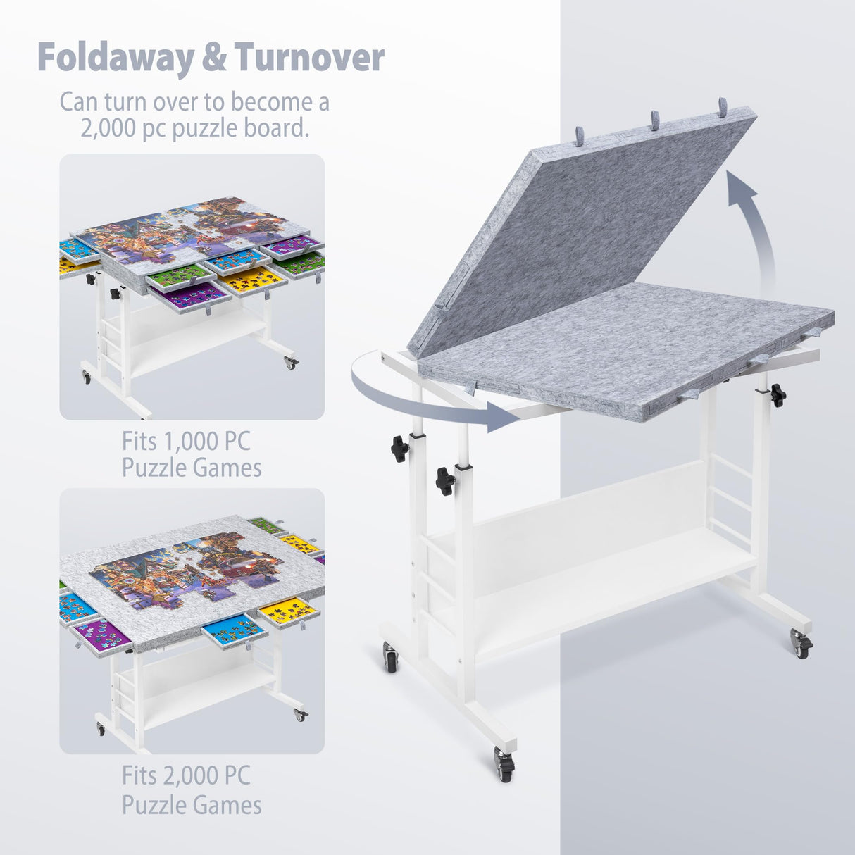 Tektalk 2000 Piece Foldable Felt Jigsaw Puzzle Board with Height Adjustment, Puzzle Table with 2 Felt Cover & 8 Sorting Trays/Drawers, Easel with Legs, Enclosed with 4 Roller Wheels - Light Gray Tektalk