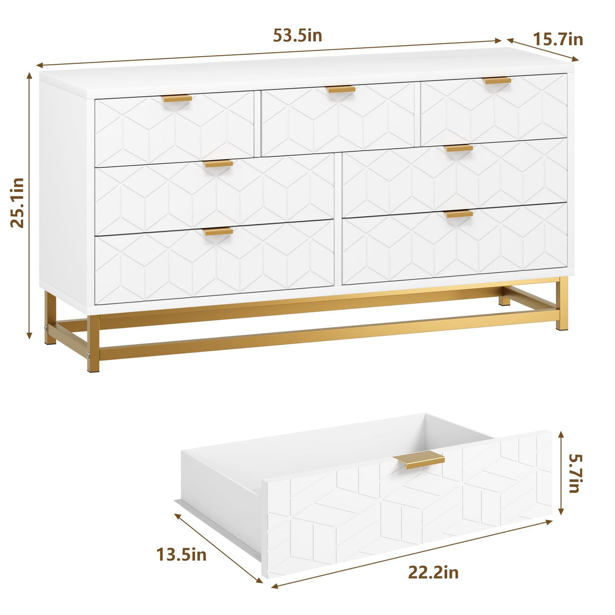 Dresser for Bedroom, 53.5" Wide Dresser Organizer, 7 Drawer with Golden Metal Handle and Legs, Modern Chest of Drawers for Closet, Hallway, Living Room, Entryway, White GAOMON