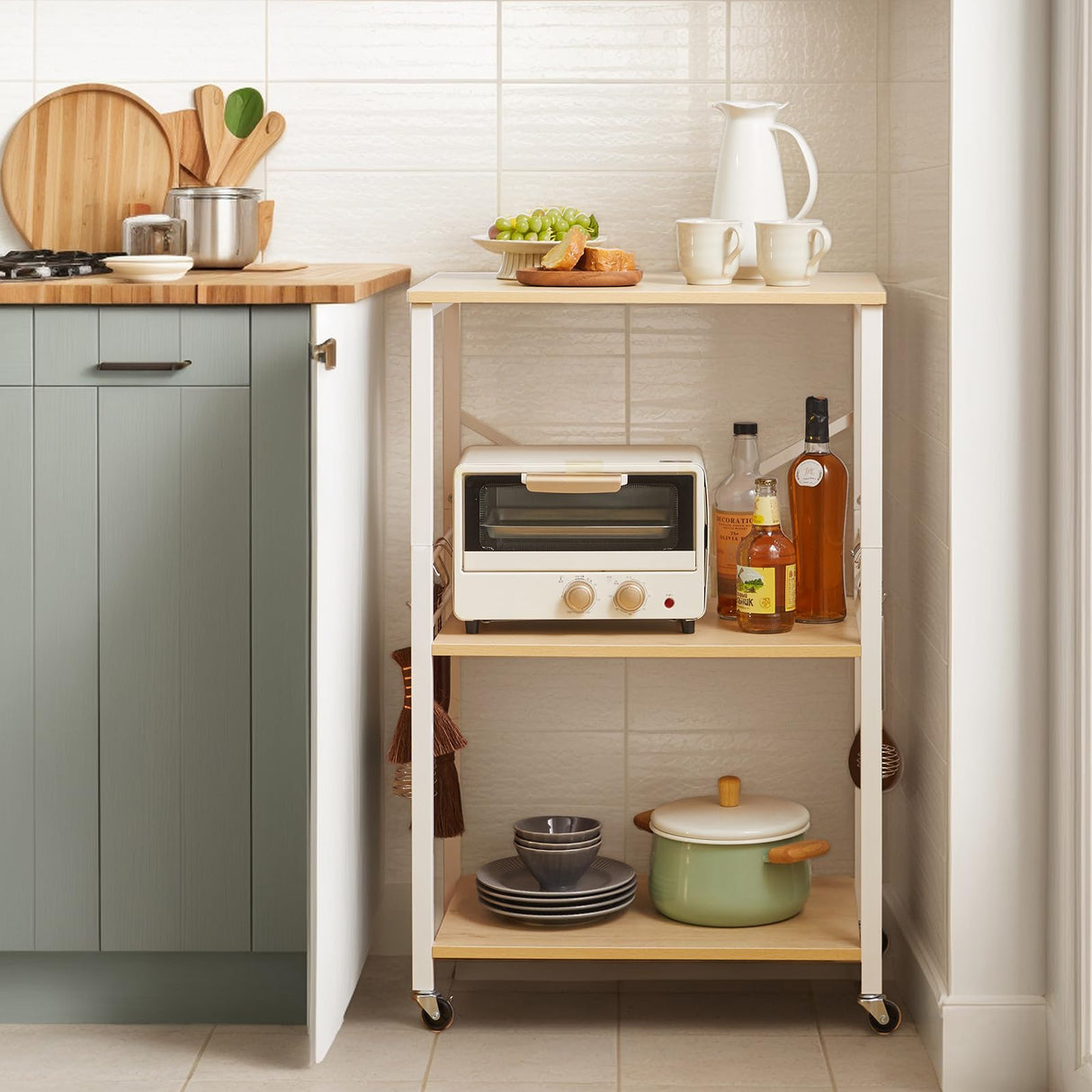 IBUYKE Kitchen Shelf Cart, 3-Tier Microwave Oven Stand, Baker’s Rack with Metal Frame and 8 Hooks, Industrial Printer Stand, Utility Standing Storage Shelf for Coffee Bar, Simple Assembly, TMJ023R IBUYKE