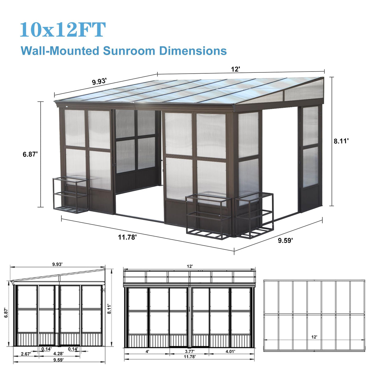 SHPAI 10x12FT Wall Mounted Sunroom, Outdoor Permanent Lean-to Solarium with Detachable Polycarbonate Roof, 2 Lockable Sliding Doors, Aluminum Gazebo Against The Wall Sun Room for Garden Patio Deck SHPAI